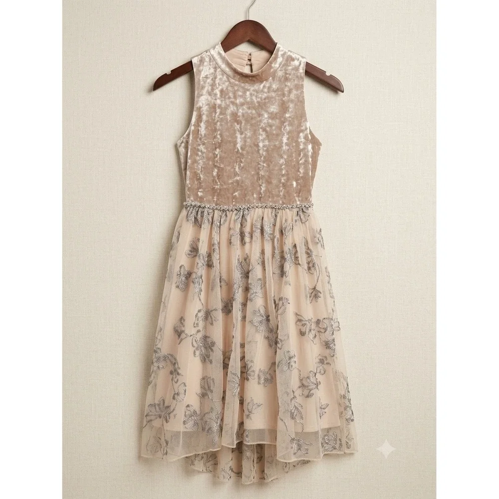 Speechless Girls Champagne Velvet & Floral Tulle High-Low Formal Dress Size 14